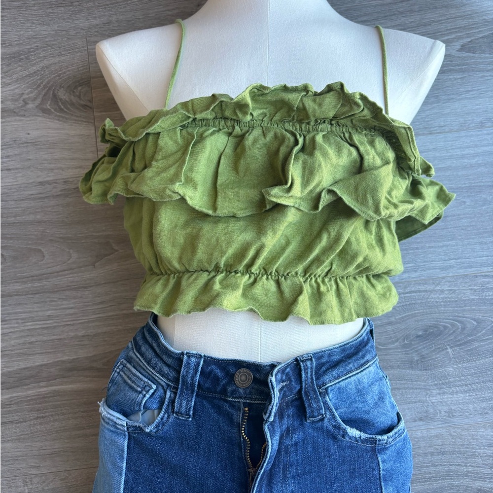 Anthropologie Green Ruffled Camisole Crop Top